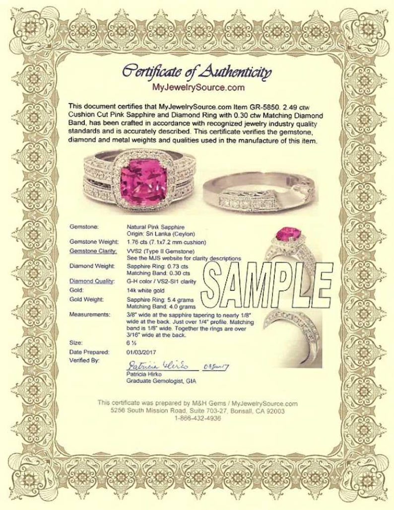 The image is a certificate of authenticity for a ring with a pink gemstone, certified by My jewelry Source.