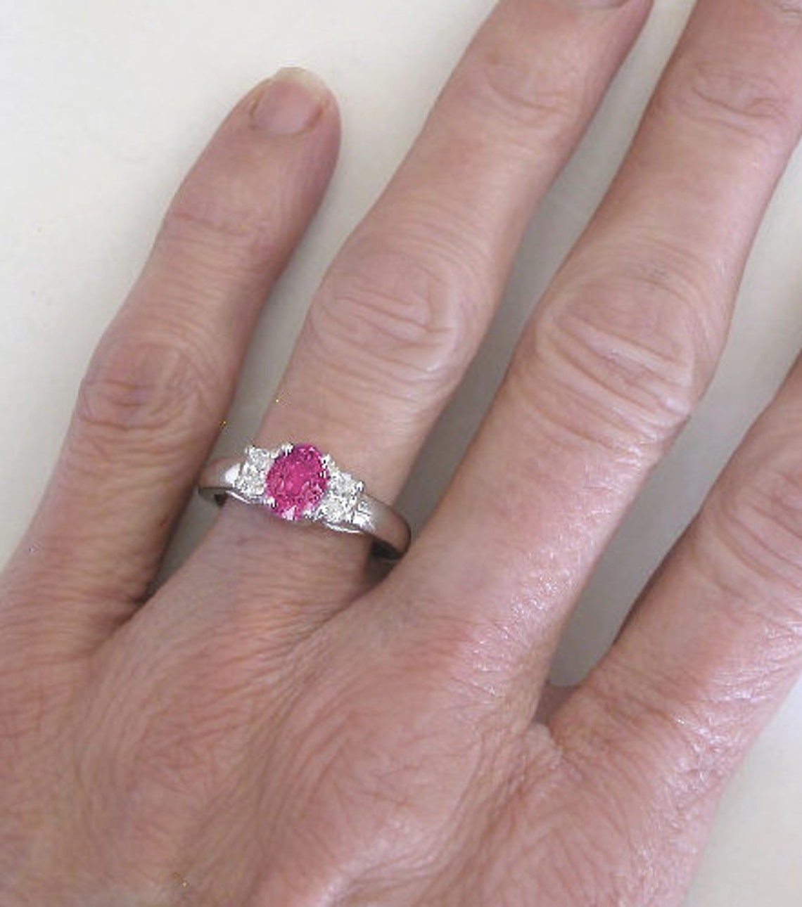 Genuine Pink Sapphire Ring with Oval Diamonds 14k White Gold | Etsy