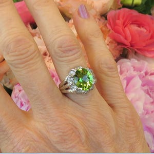 Hand View of Split Shank Statement Peridot Ring with 4 carat Fine Quality Peridot in 14k