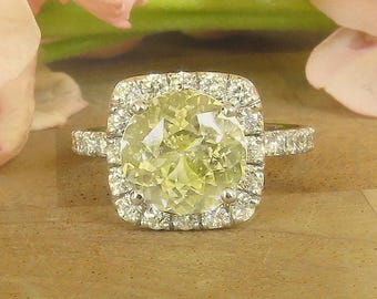 Unheated Natural Yellow Sapphire Ring: Diamond Halo, 14k White Gold, Round Ceylon