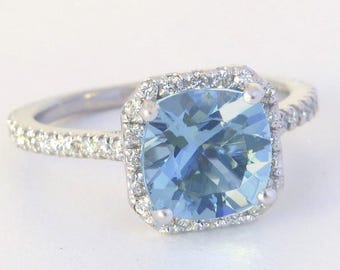 Aquamarine Ring: 1.66 Carat Cushion Cut Diamond Halo, 14k White Gold