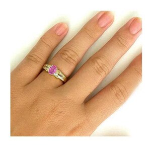 Pink Sapphire Diamond Ring: 14k Yellow Gold Oval Engagement Ring Split Shank image 6