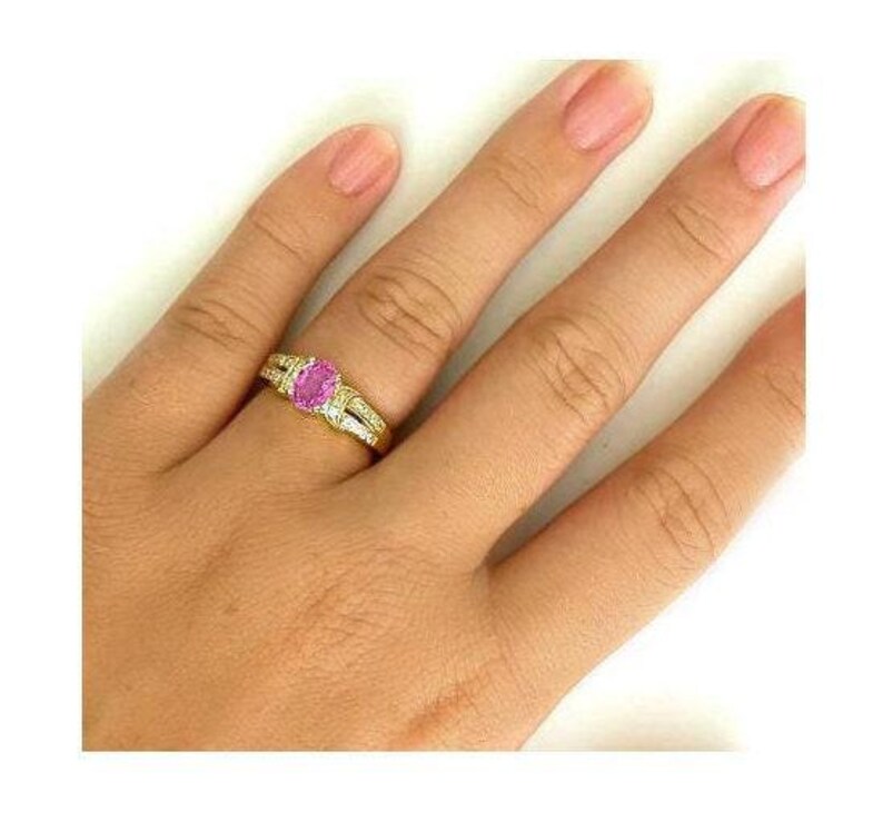 Pink Sapphire Diamond Ring: 14k Yellow Gold Oval Engagement Ring Split Shank image 6