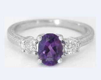 Oval Amethyst Ring with Diamonds: 14k White Gold Three Stone Ring