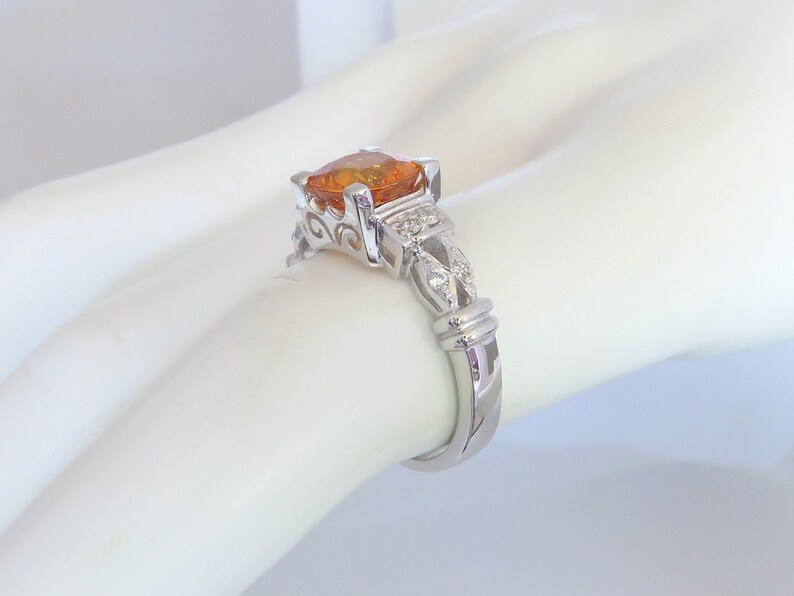 Spessartite Garnet Ring with Diamonds in 14k White Gold. Genuine 2.3 Carat Spessartite Garnet and 0.15 ctw Diamond Ring, Unique Gemstone image 5