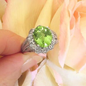 Large Oval Peridot Ring with Checkerboard Faceted Peridot 0.62 ctw Fine Diamonds in 14k