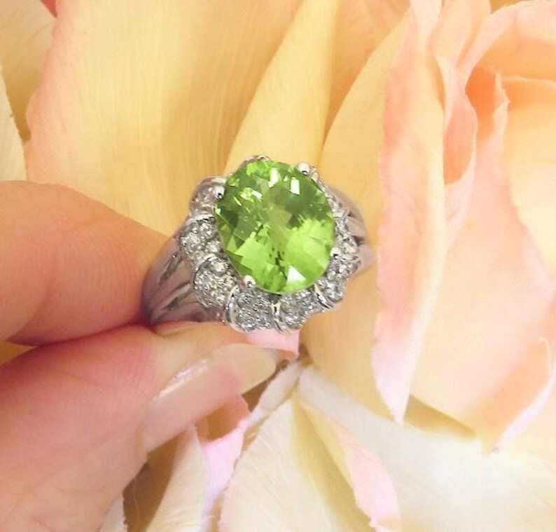 Large Oval Peridot Ring with Checkerboard Faceted Peridot 0.62 ctw Fine Diamonds in 14k