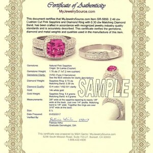 The image is a certificate of authenticity for a ring with a pink gemstone, certified by My jewelry Source.