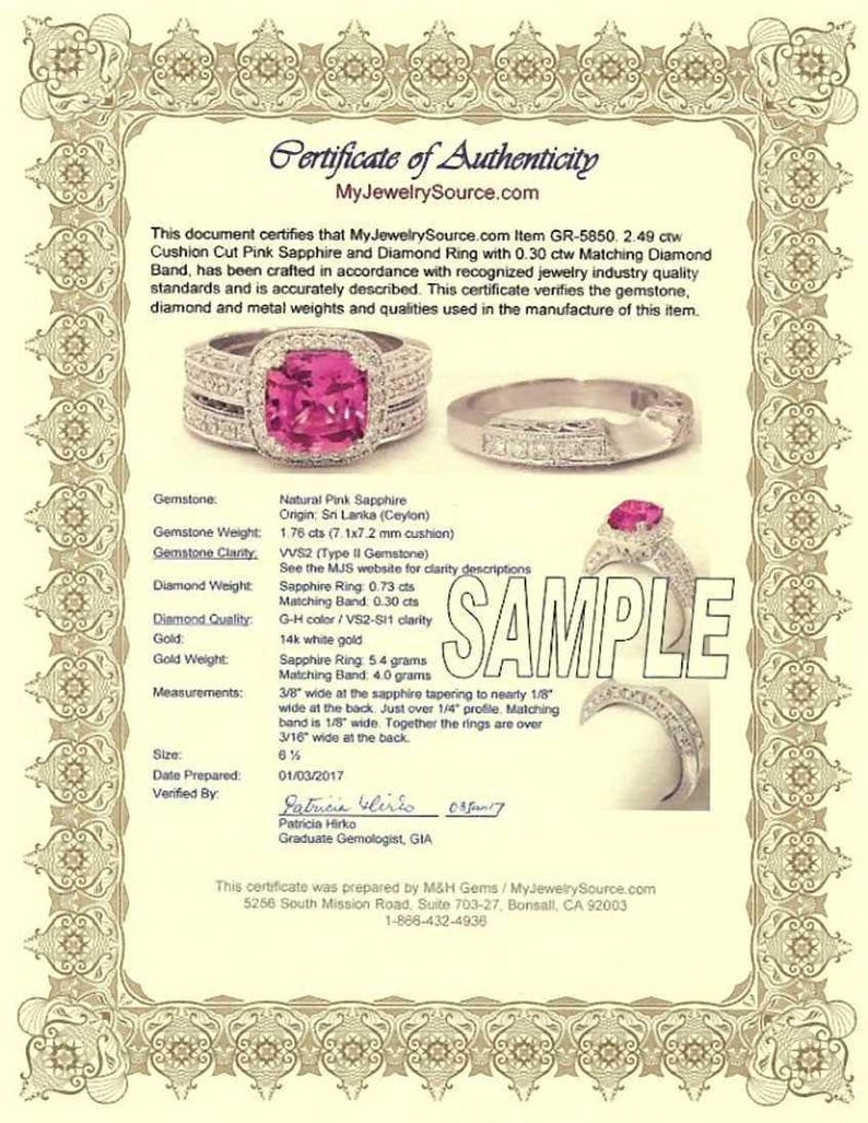 The image is a certificate of authenticity for a ring with a pink gemstone, certified by My jewelry Source.