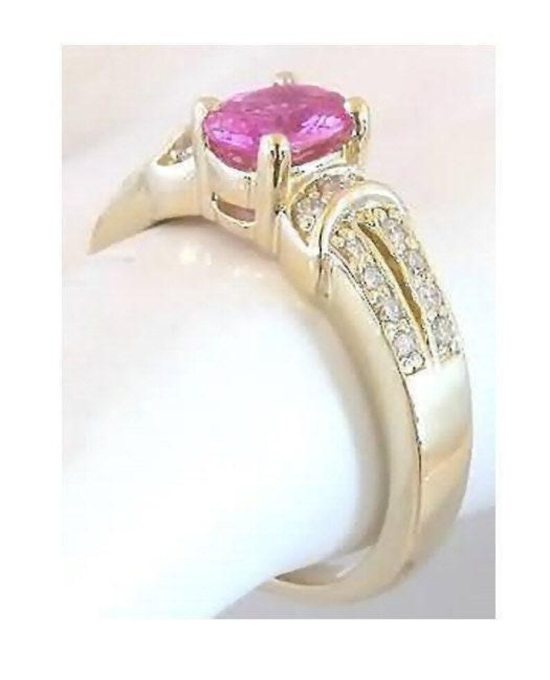 Pink Sapphire Diamond Ring: 14k Yellow Gold Oval Engagement Ring Split Shank image 5