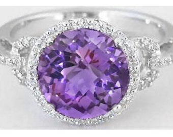 Amethyst Ring with Diamonds 14k White Gold, Round Amethyst Engagement Ring, Birthstone Ring, February Birthstone, Gemstone Ring