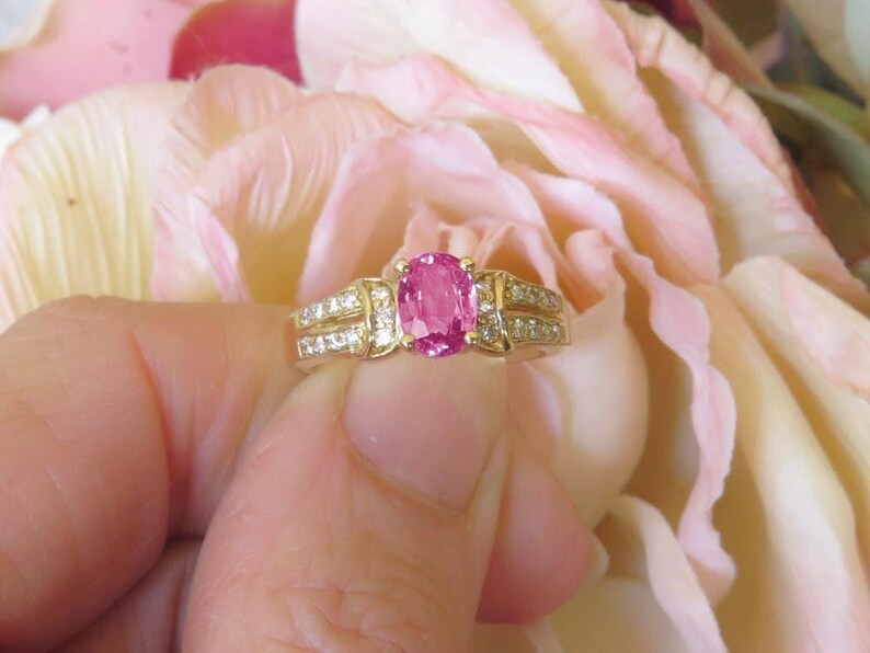 Pink Sapphire Diamond Ring: 14k Yellow Gold Oval Engagement Ring Split Shank image 4
