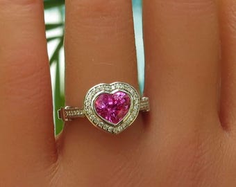 Heart Pink Sapphire Ring: Diamond Halo, 18k White Gold Engagement Ring Custom