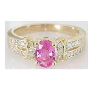 Pink Sapphire Diamond Ring: 14k Yellow Gold Oval Engagement Ring Split Shank image 2