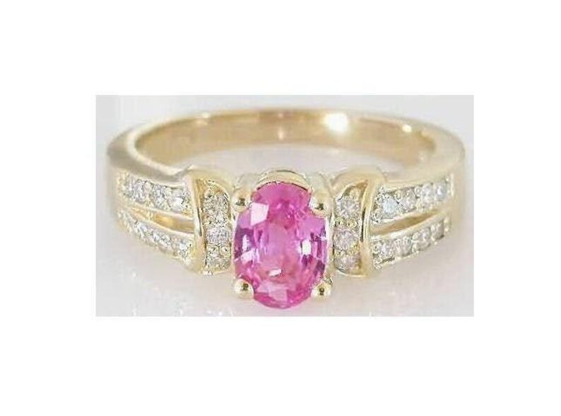 Pink Sapphire Diamond Ring: 14k Yellow Gold Oval Engagement Ring Split Shank image 2