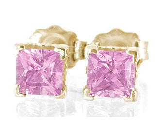 Real Princess Pink Sapphire Solitaire Earrings 14k Yellow Gold, Princess Studs, 0.76 ctw Natural Sapphires