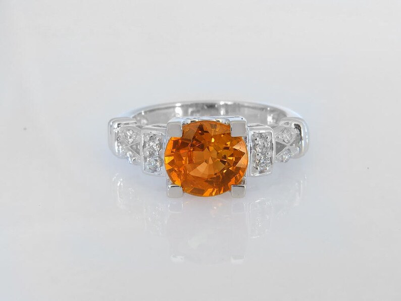 Spessartite Garnet Ring with Diamonds in 14k White Gold. Genuine 2.3 Carat Spessartite Garnet and 0.15 ctw Diamond Ring, Unique Gemstone image 2