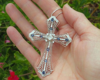 Sapphire Diamond Cross Pendant: 18k White Gold Filigree Necklace