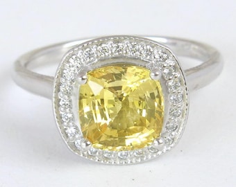 Unheated Ceylon Yellow Sapphire Ring: Diamond Halo Platinum Ring, GIA Certified