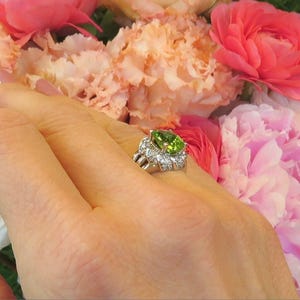 14k white gold Peridot Statement Ring with Floral Design and Lots of Diamonds