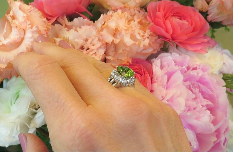 14k white gold Peridot Statement Ring with Floral Design and Lots of Diamonds