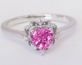 Heart Pink Sapphire Ring: 14k White Gold Diamond Promise Ring Delicate Engagement