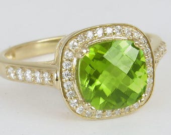 Cushion Peridot Diamond Halo Ring: 14k Yellow Gold, 2.99ct, 0.35ct