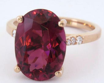 Oval Pink Tourmaline Ring Rose Gold: 5.96ct, Diamond, Cranberry Salmon Rose