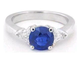 Ceylon Sapphire Engagement Ring: 1.68ct Round, 14k White Gold, Trillion Diamonds Past Present Future