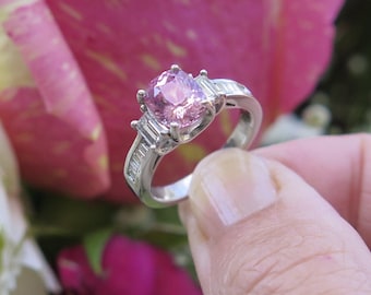Natural Pink Sapphire & Diamond Platinum Ring - Baguette Diamonds, Channel Setting