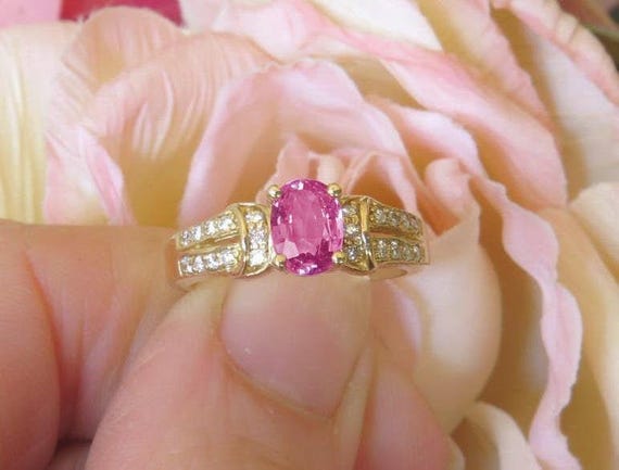 Pink Sapphire Diamond Ring: 14k Yellow Gold Oval Engagement Ring Split Shank