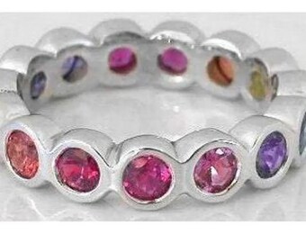 CLEARANCE Round Rainbow Sapphire Eternity Band 14k White Gold Bezel Set 5.5 Reg 2679USD 40% off