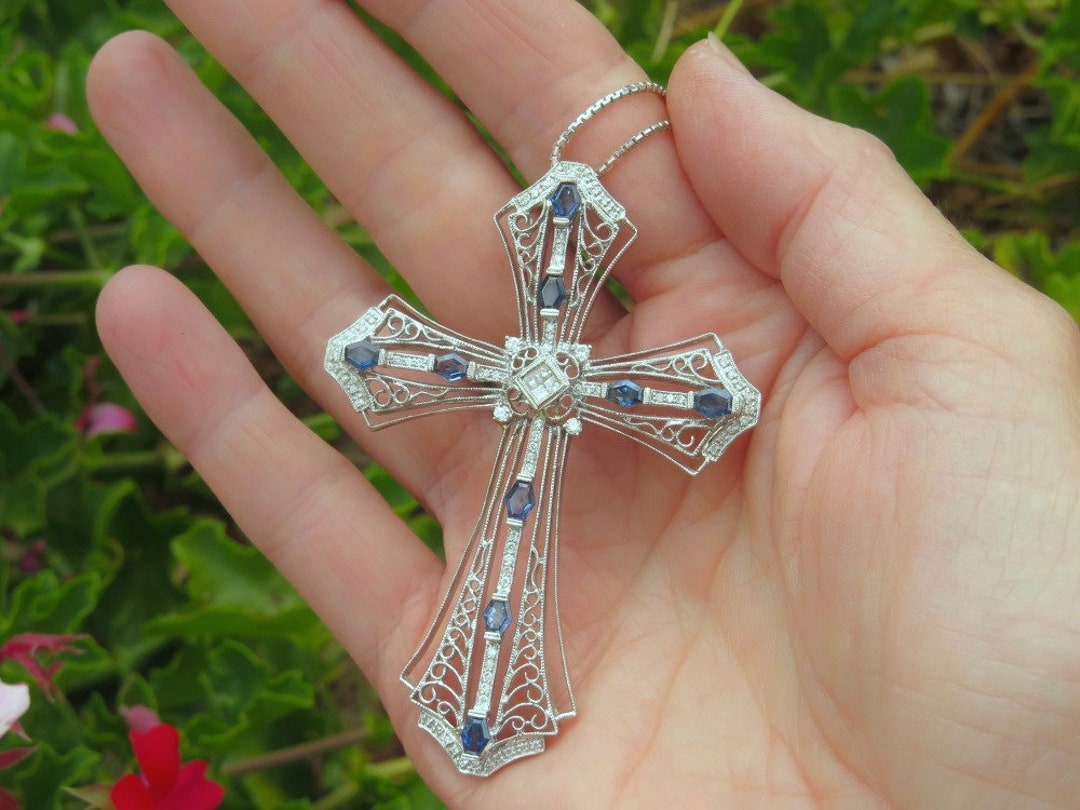 Sapphire Diamond Cross Pendant: 18k White Gold Filigree Necklace