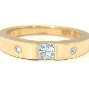 Genuine 0.40 carat Princess Diamond Ring with 0.04 carats Round Side Diamonds in 14k Yellow Gold. Princess Cut Center Diamond.