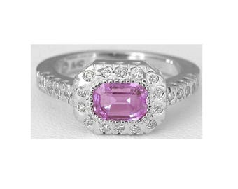 CLEARANCE Emerald Cut Pink Sapphire Ring: Diamond 14k White Gold Bezel Reg 3729USD 50%off