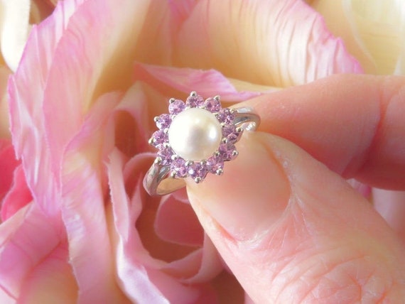 Genuine Pearl Ring Genuine Pink Sapphire Ring, Freshwater Pearl, Ballerina  Ring, 14k White Gold - Etsy