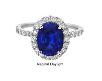 Fine Natural Ceylon Sapphire Ring: 3.64 ct Oval, Diamond Halo, 14k White Gold
