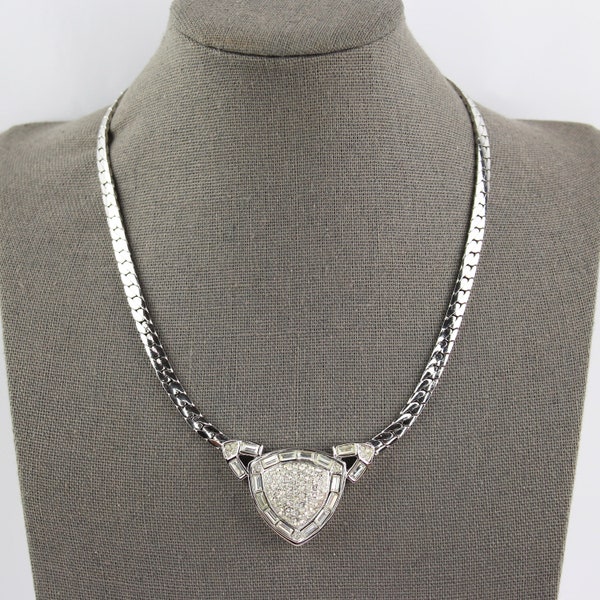 Vintage Signed Christian Dior Baguette & Rhinestone Encrusted Silver Tone Necklace
