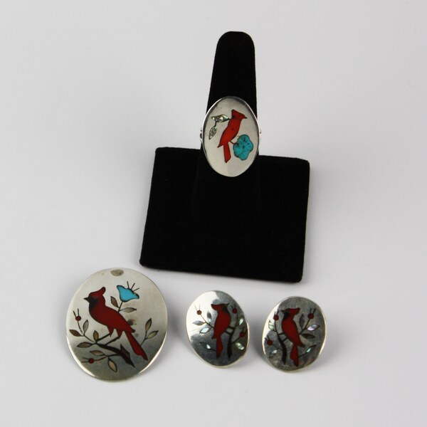 Vintage Signed Sterling Silver Native American Turquoise Coral & Abalone Bird Inlay Set - Pendant/Brooch, Earrings, Ring