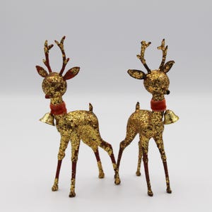 MCM Christmas 1960s Gold Glitter Plastic Standing Deer Figure with Felt Collar And Bell  6&quot; - Set of 2