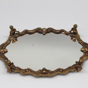 Vintage MCM Brass Cherub Scrolling Footed Oval Petite Vanity Mirror Gold Tone Tray 8 inch