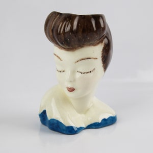 Vintage 1950's Brunette Blue Dress Glamour Girl Diva Lady Head Ceramic Vase Flower Planter