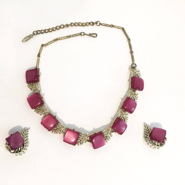Vintage Coro Signed Pink Moon Glow Lucite Necklace Earring Set, Fuchsia Choker,  Silver Tone Thermoset  Demi Parure, 1950s Costume Jewelry