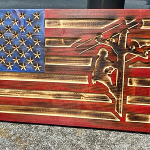 Lineman American Flag Wall Art: Carved Wooden USA Flag