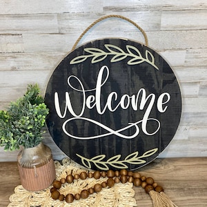 Welcome Sign , Farmhouse Style , Rustic Home Decor,Wood, laser engraved Door Hanger Entryway Decor, Wreath door hanger, Round shiplap wreath