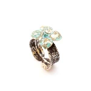 Kalanchoe flower and sage leaves ring, sterling silver & bronze ring, handcrafted jewelry, botanical jewelry, special jewelry gift