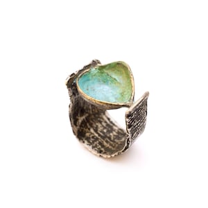 Dwarf pomegranate and olive tree bark ring, sterling silver & bronze ring, handcrafted jewelry, botanical jewelry, special jewelry gift