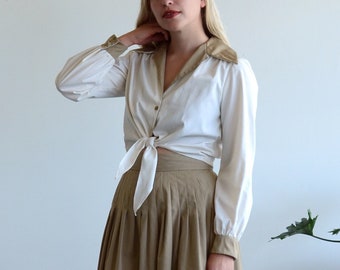 western two piece / cropped waist tie blouse with pleated skirt / vintage 70s SET / small