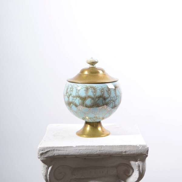 Porcelain Canister with Brass Lid / Marble Painted Candy Dish / Keepsake Canister or Apothecary Jar / 7" height