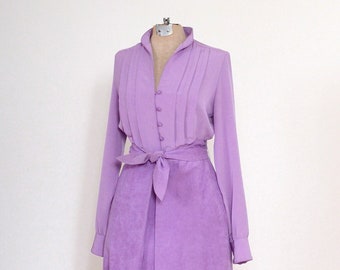 belted lavender shirtdress / pleated button top with microsuede skirt / vintage 70s dress / small